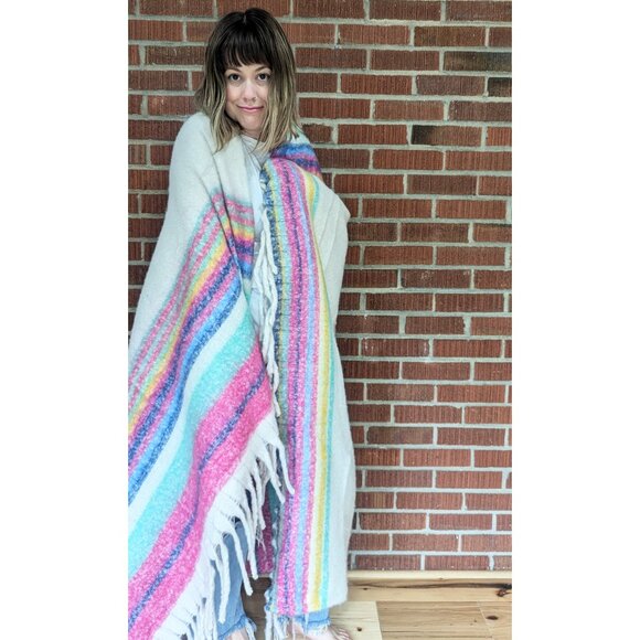 FREE PEOPLE Skye Stripe Fringe Throw Blanket / Ivory - Picture 5 of 6